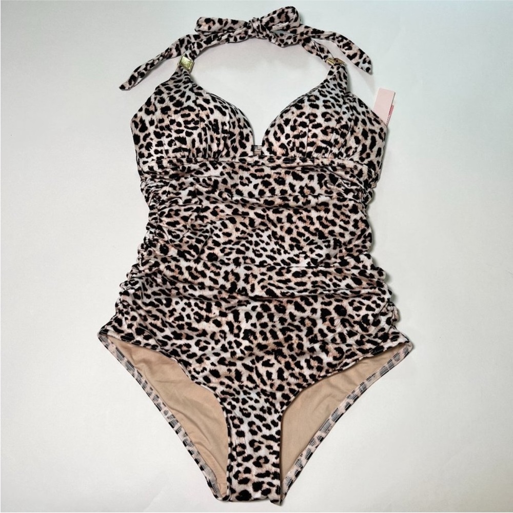 Victoria Secret XL Forever One Piece Swimsuit Push Up Ruched Halter Leopard